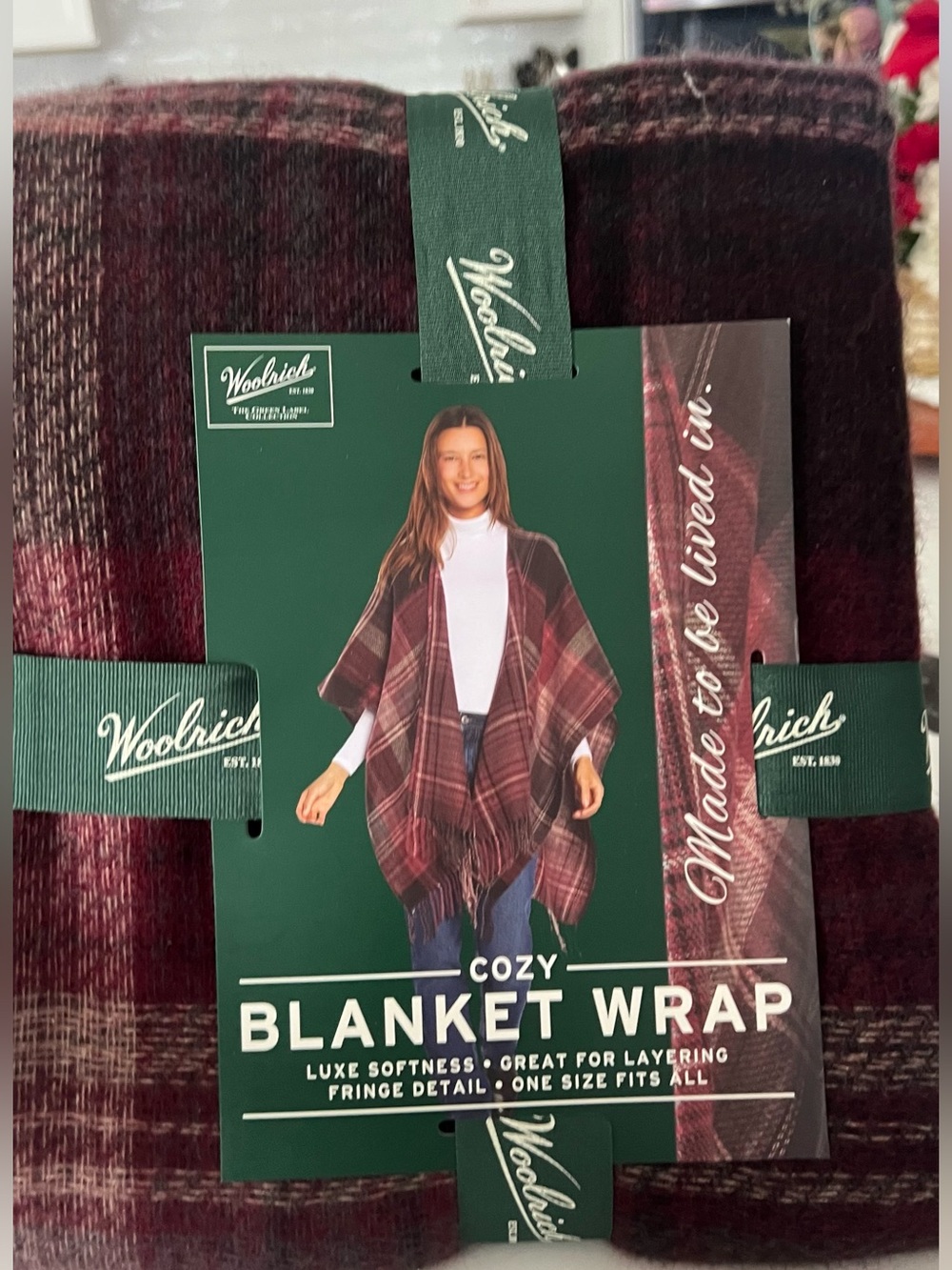 Woolrich Plaid Blanket Wrap - Deep Burgundy and Black